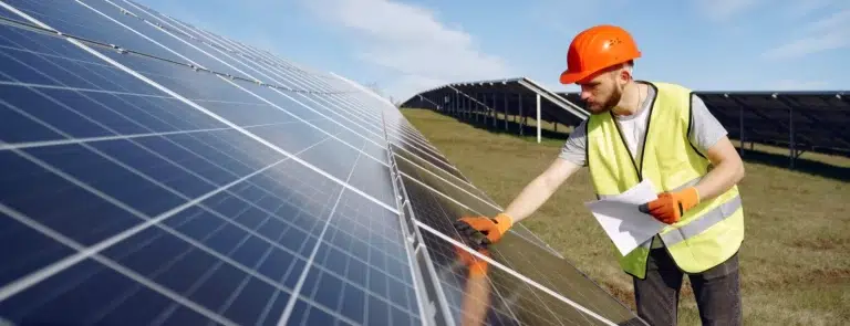 homem conferindo módulos de energia solar