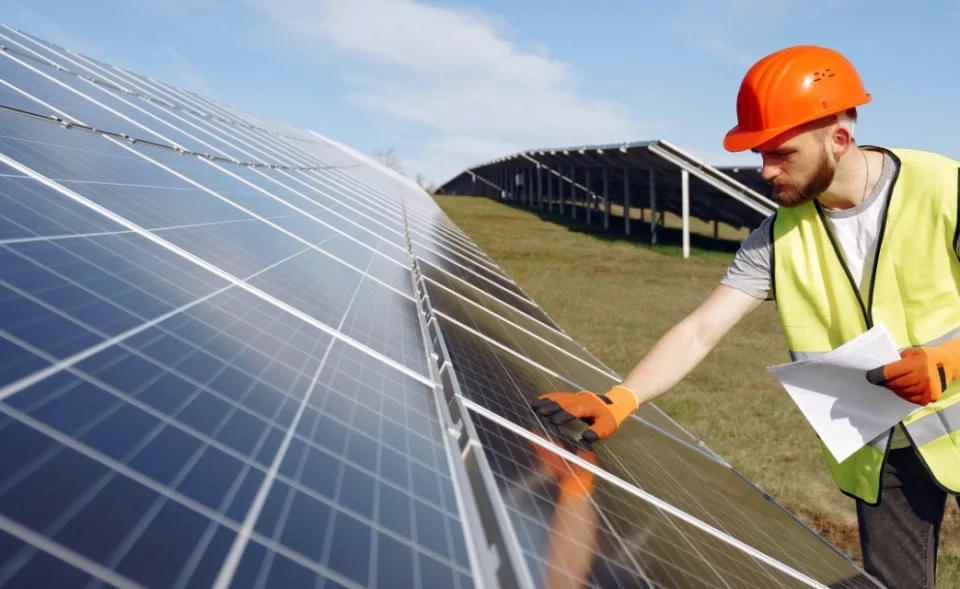 homem conferindo módulos de energia solar