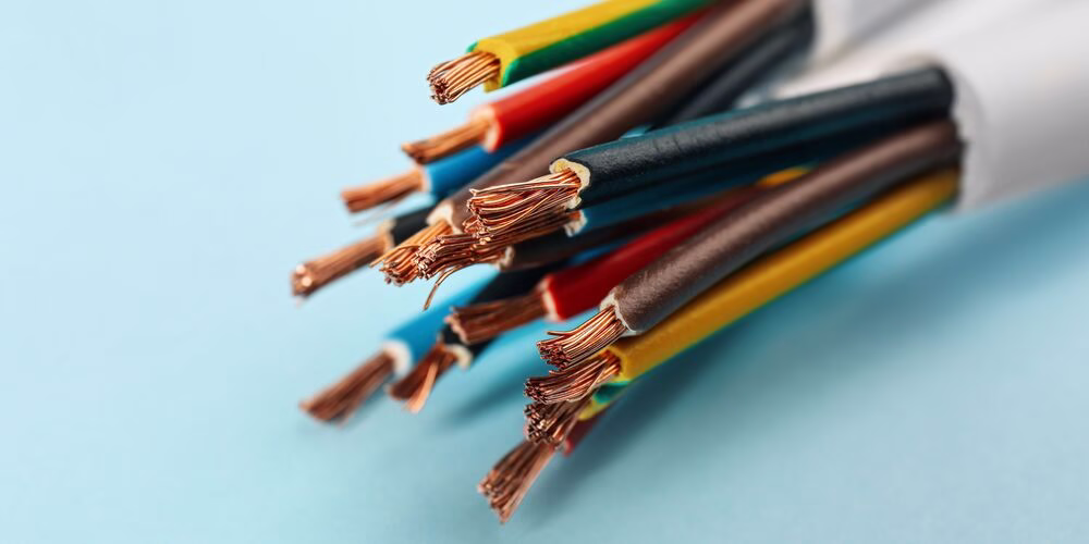 Fios elétricos coloridos em fundo azul