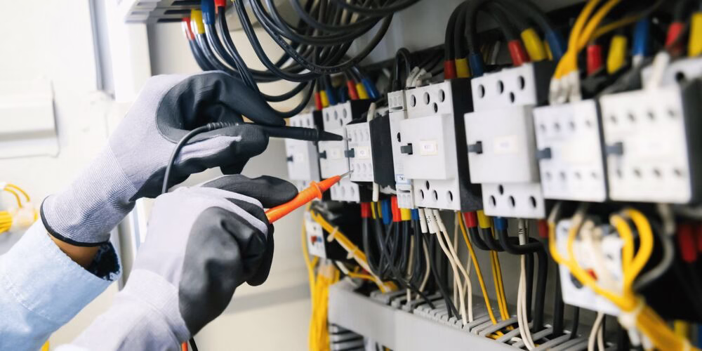 Técnico verificando fiação elétrica com multímetro.