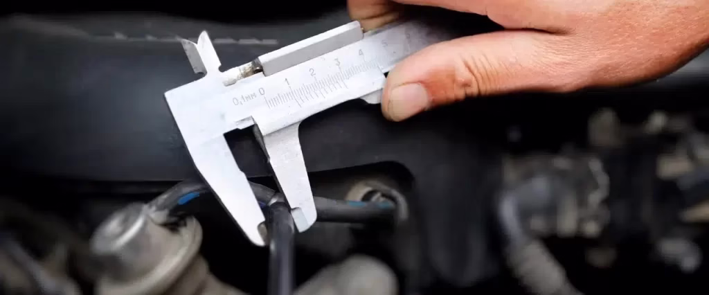 Mão usando paquímetro para medir peça de carro